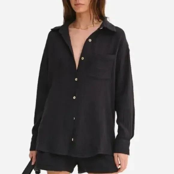 MATE The Label 100% Organic Cotton‎ Gauze Button Down Shirt BLACK SZ L NWOT - Picture 2 of 6